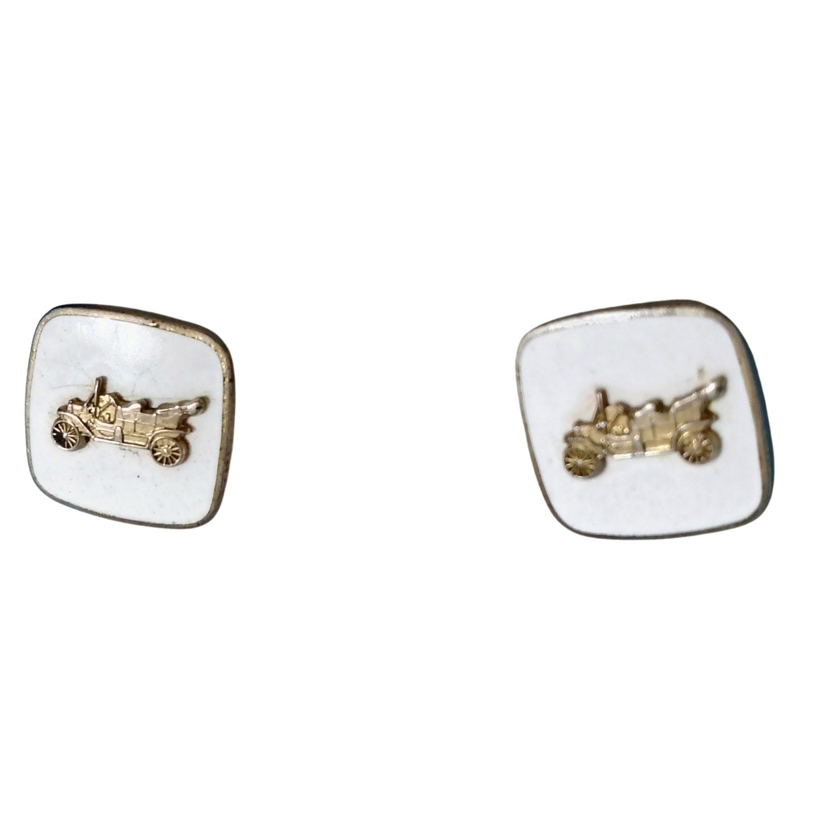 1950s White Enamel Cufflinks with Gold Metal Roadster Gently Used Set of Two