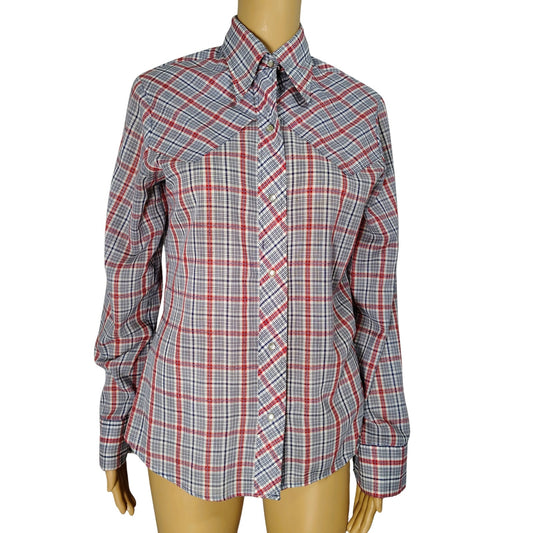60s Blue Red Levis Western Cowgirl Button Up Shirt Pearl Snap Button Size Small [Vintage]