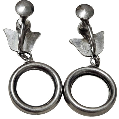 1950s Vintage Flower Dangling Loop Clip On Earrings Silver Tone Twist On Closure