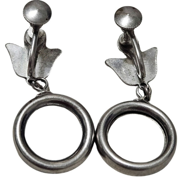 1950s Vintage Flower Dangling Loop Clip On Earrings Silver Tone Twist On Closure