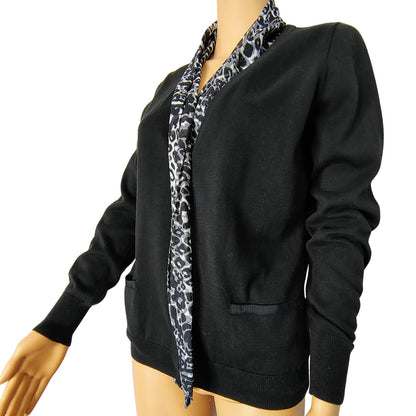 Tahari 100% Cotton Black Leopard Trim Button Front Cardigan Size Medium Petite