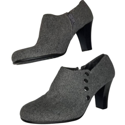Booties Gray Fabric Round Toe High Heels Inside Zip Closure Size 7 Vegan New