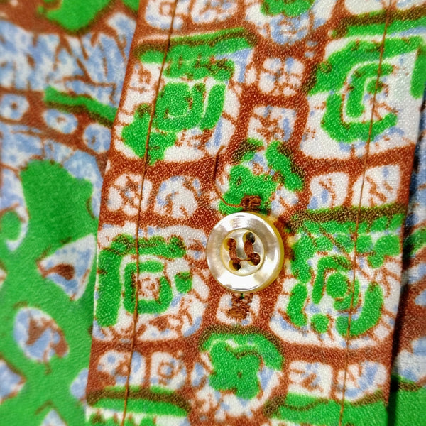 70s Green Polynesian Style Wing Tip Button Up Permanent Press Shirt Size Medium