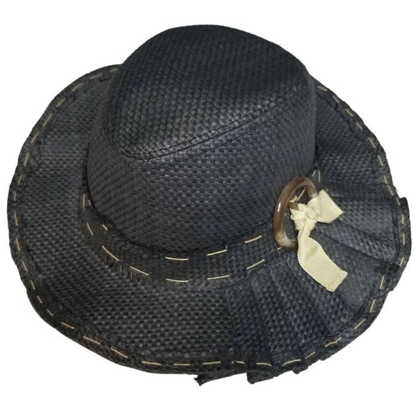MAGID HATS Pleated Paper Fedora Straw Black Hat Band Seam Detail Size 8 1/2