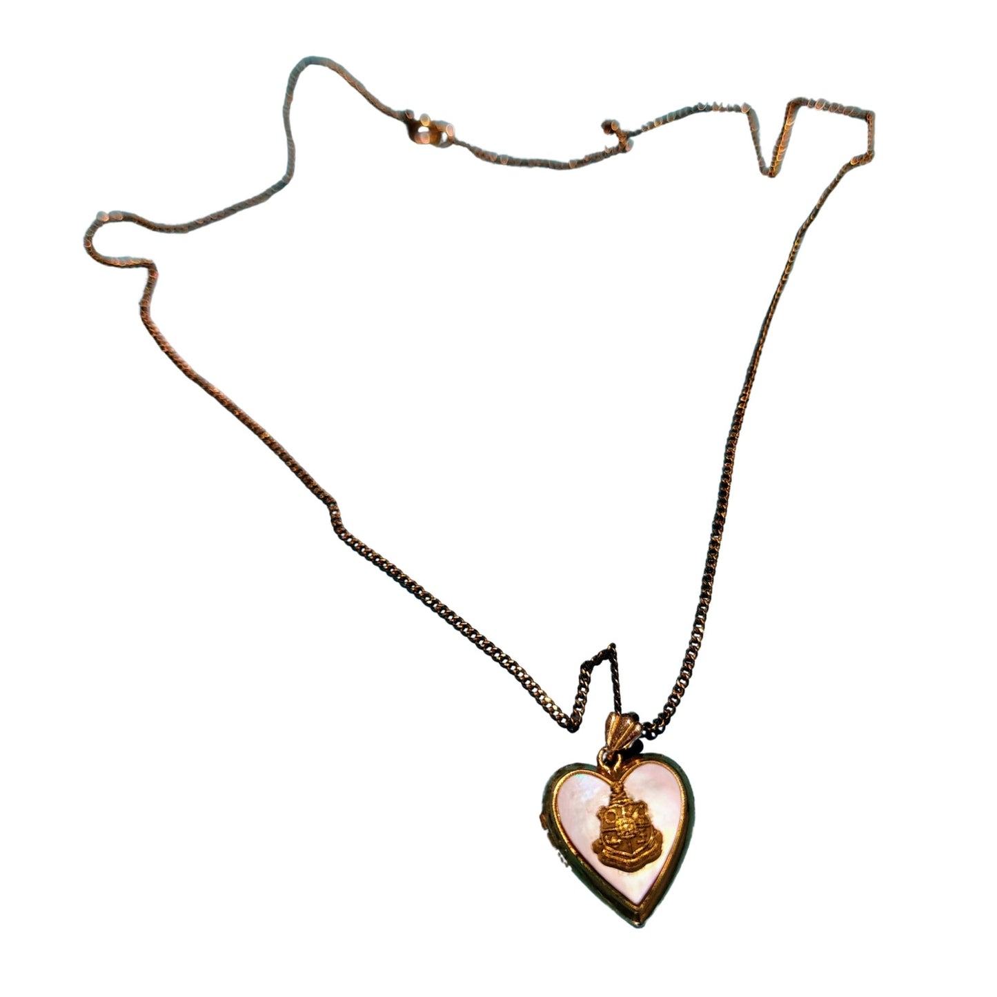 1940s Antique 12k GF Mother Of Pearl Heart Sweetheart Locket Chain Link Necklace [vintage]
