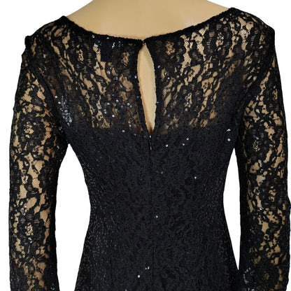 SLNY Black Sequined Illusion Lace Back Keyhole Fit Flare Knee Length Dress SZ 8