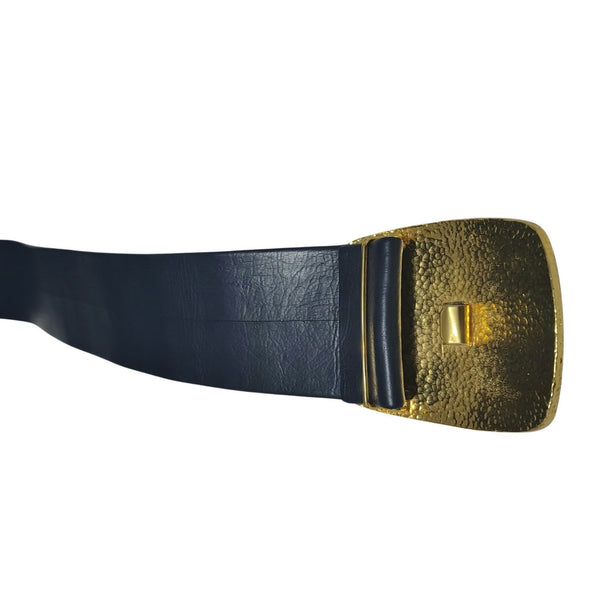 Wide Blue Leather Belt Gold Crocodile Print Huge Belt Buckle Hook Closure OS