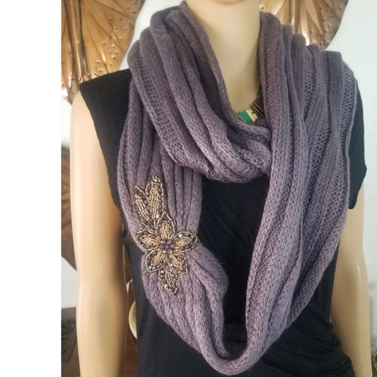 Thick Soft Knit Floral Motif Beaded Flower Applique on Purple Knit Circle Scarf