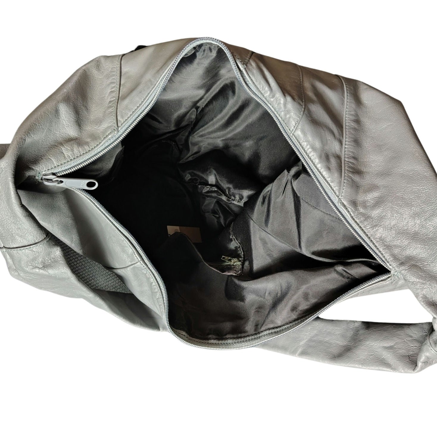 1980s Gray Leather Bohemian Boho Style Patchwork Crescent Bag Adjustable Strap [VINTAGE]