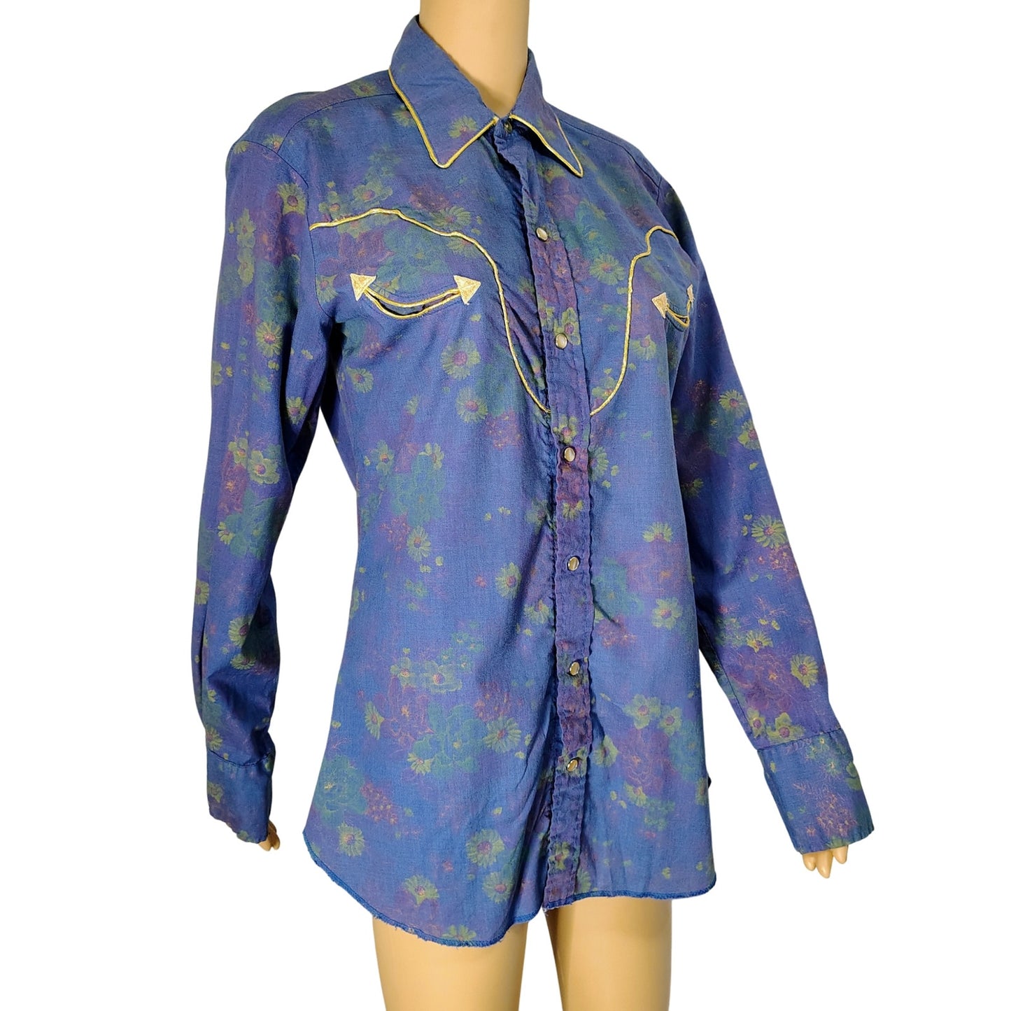 1980s Purple Floral Metallic Gold Western Pearl Snap Button Shirt H Bar C Size 15.5 [Vintage]