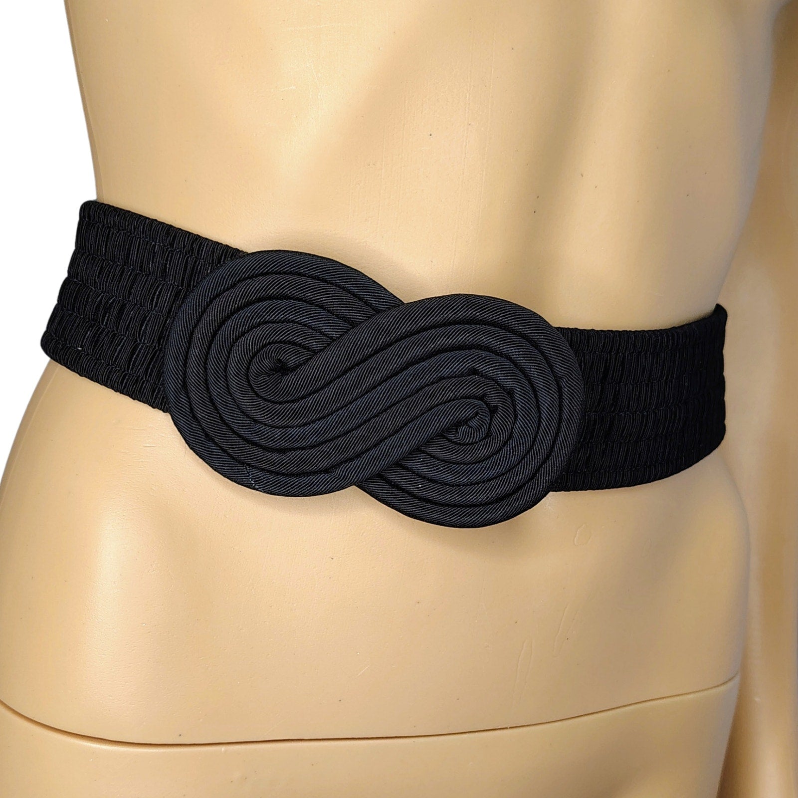 1980s Black Fabric Unity Belt Buckle Elastic Stretchy Belt 36 Inches [Vintage]