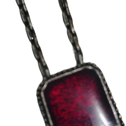 1980s Red Enamel Square Y Style Tear Drop Dangling Statement Silver Necklace