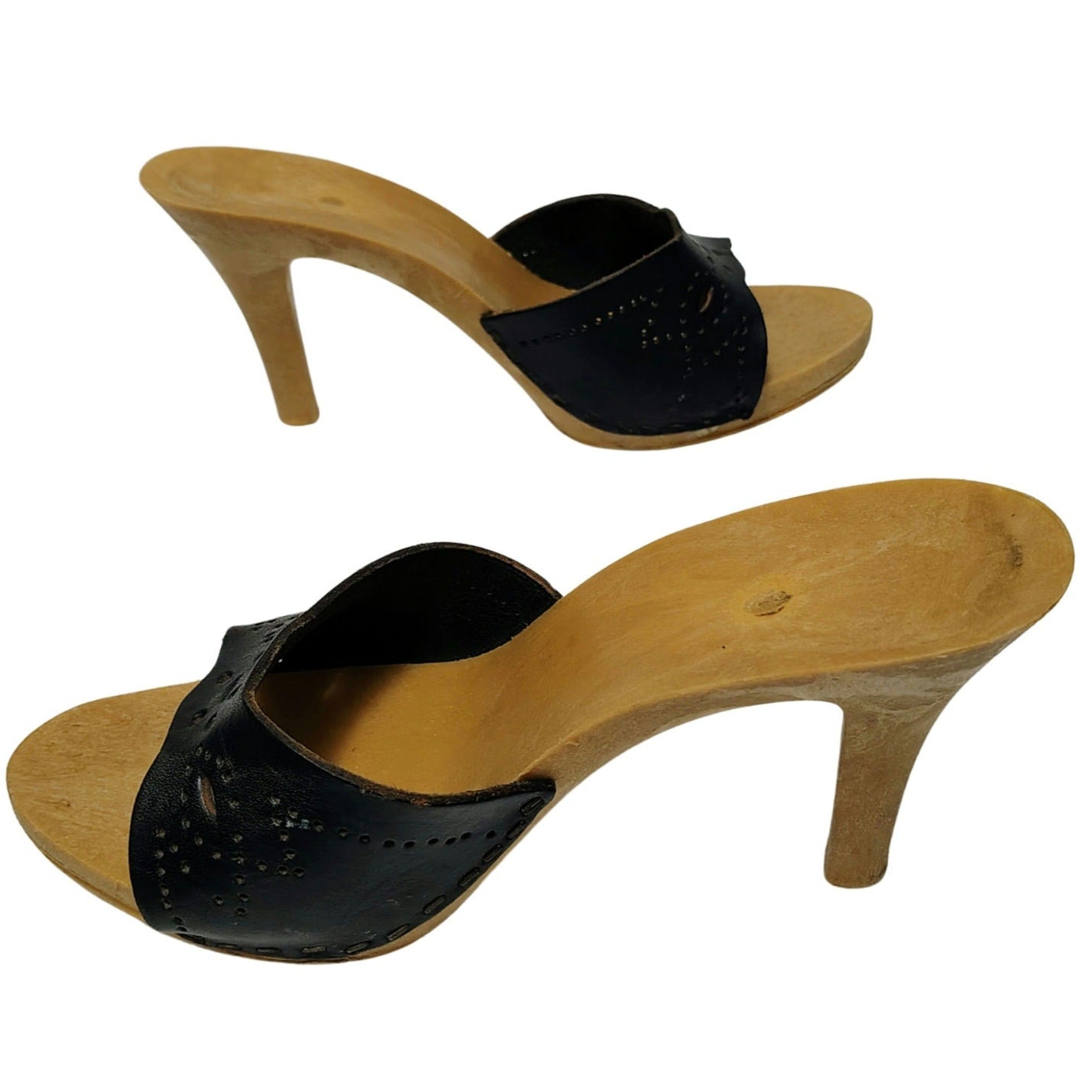 1970s Candies Style Faux Wood Heels Black Leather Pumps US 5 EUR 36 [Vintage]