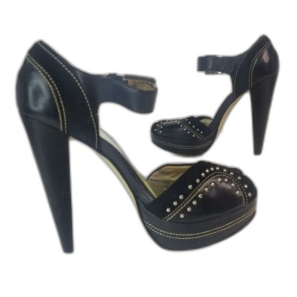 MICHAEL Michael Kors Peep Toe Black Platforms Heels Metal Detail Size 6.5