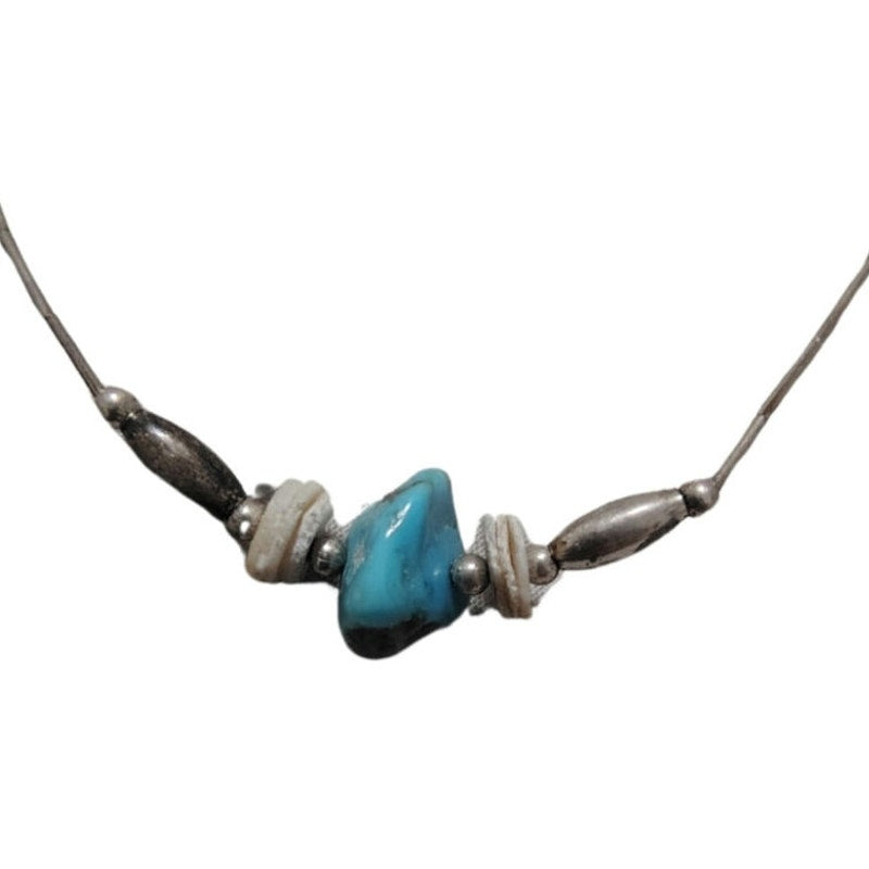 1970s Sterling Silver Liquid + Shell Beads + Turquoise Stone Necklace [Vintage]