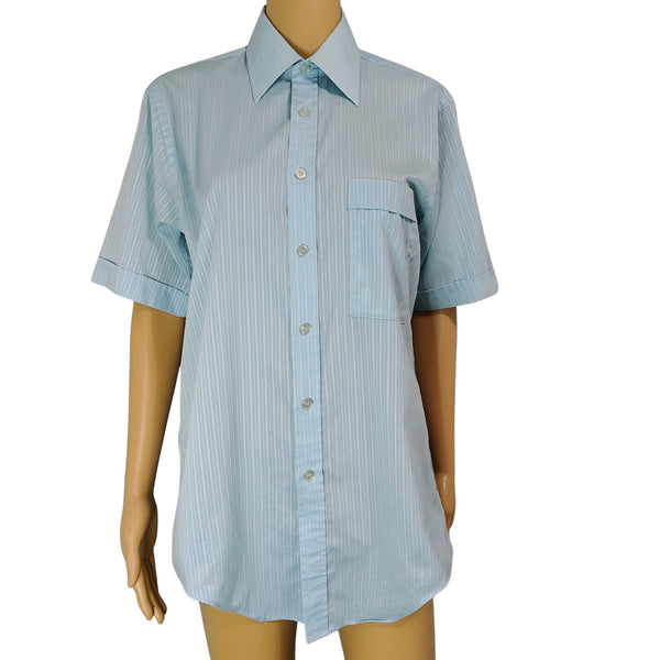 1980s Blue Striped Collar Shirt Butterfly Wings Single Needle Tailoring Size Small [Vintage]