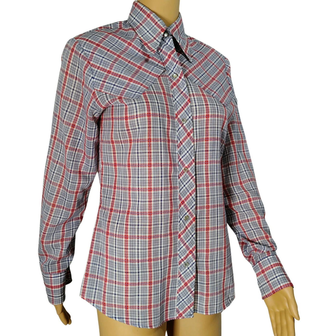 60s Blue Red Levis Western Cowgirl Button Up Shirt Pearl Snap Button Size Small [Vintage]