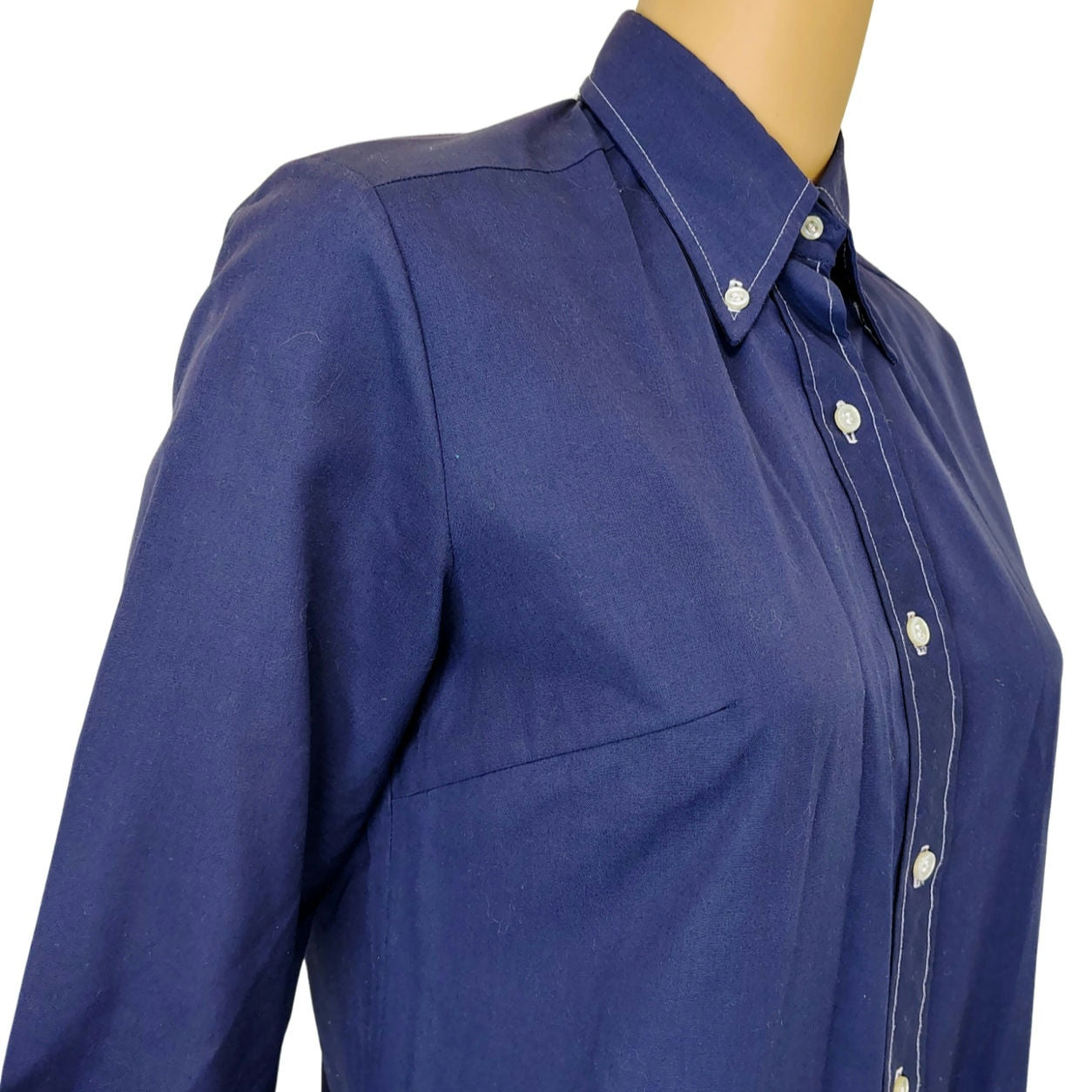 1970s Blue Button Down Shirt Dress Wing Tip Collar Seam Button Cuffed Sleeve Size Small [Vintage]