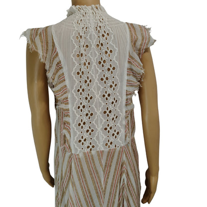 FP One Boho Brown White Flowy Caraway Stripe Sheer Uneven hem Long Dress Size Large