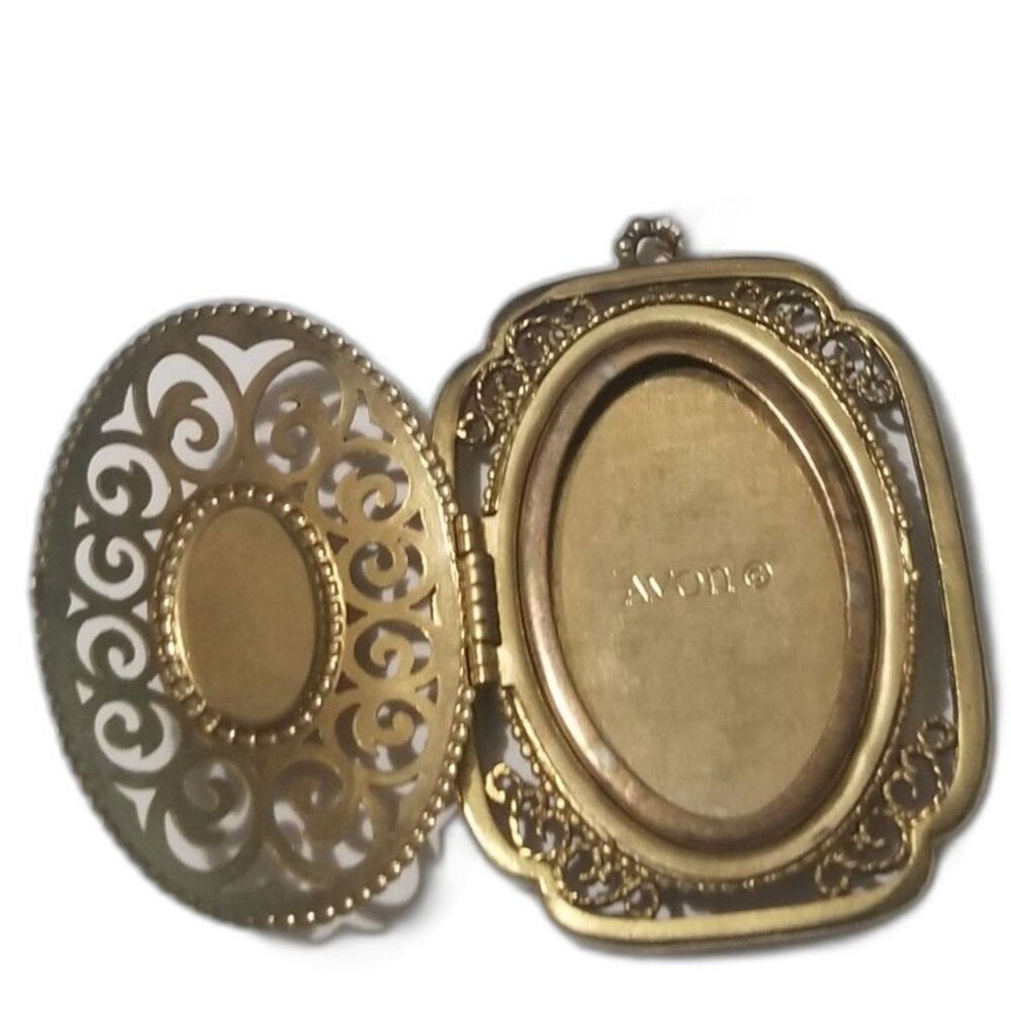 Avon Vintage Ornate Filigree Photo Yesteryear Locket Gold Blue Cabochon Necklace