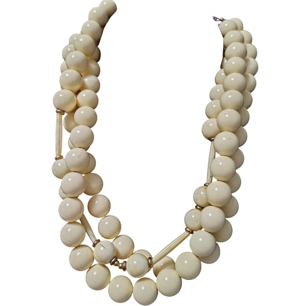 Vintage Statement 3 Strand Necklace Huge Lucite Cream Bead Large Gold Hook Clasp