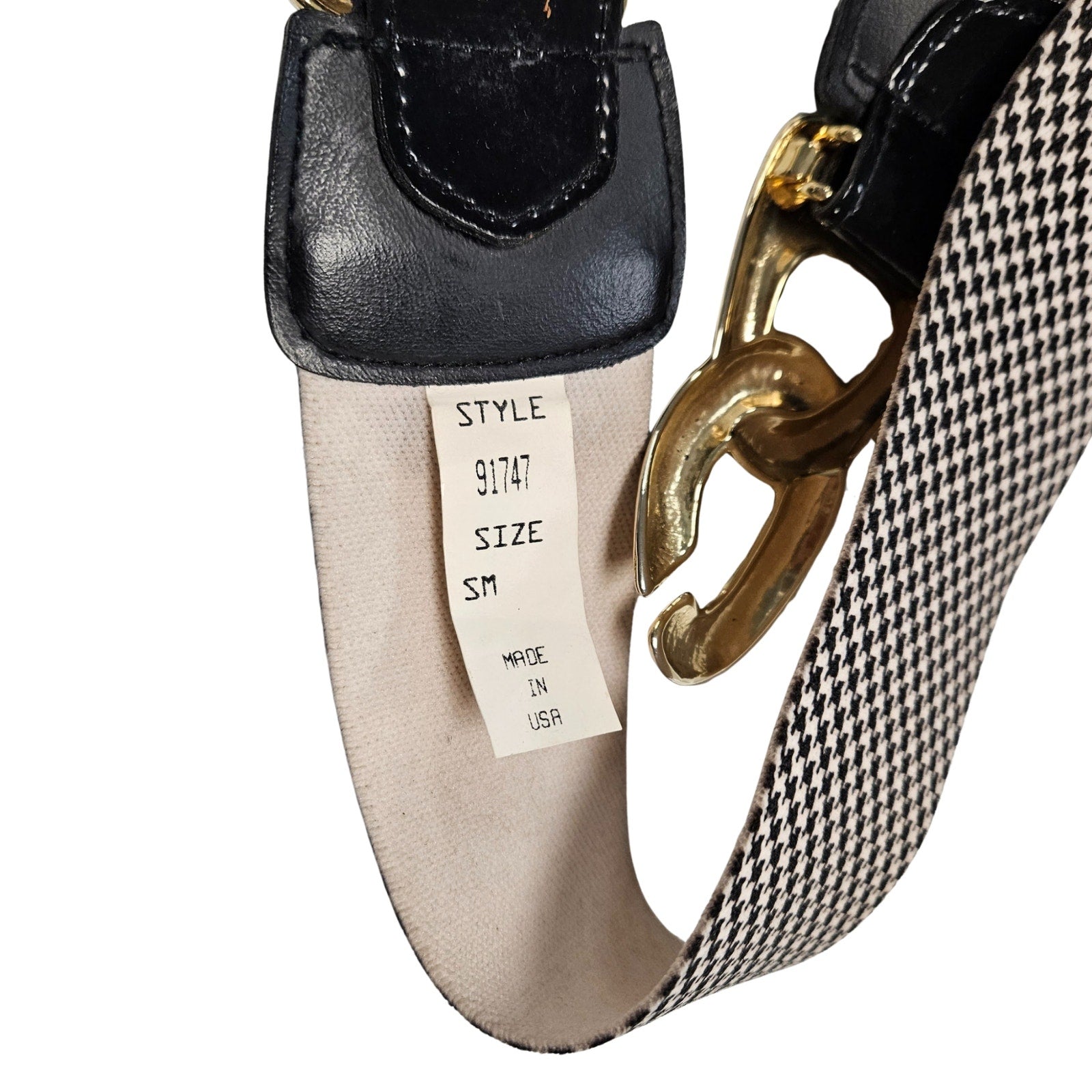 1980s Houndstooth Elastic High Waisted Belt Gold Chunky Buckle Patent Leather Small [Vintage]