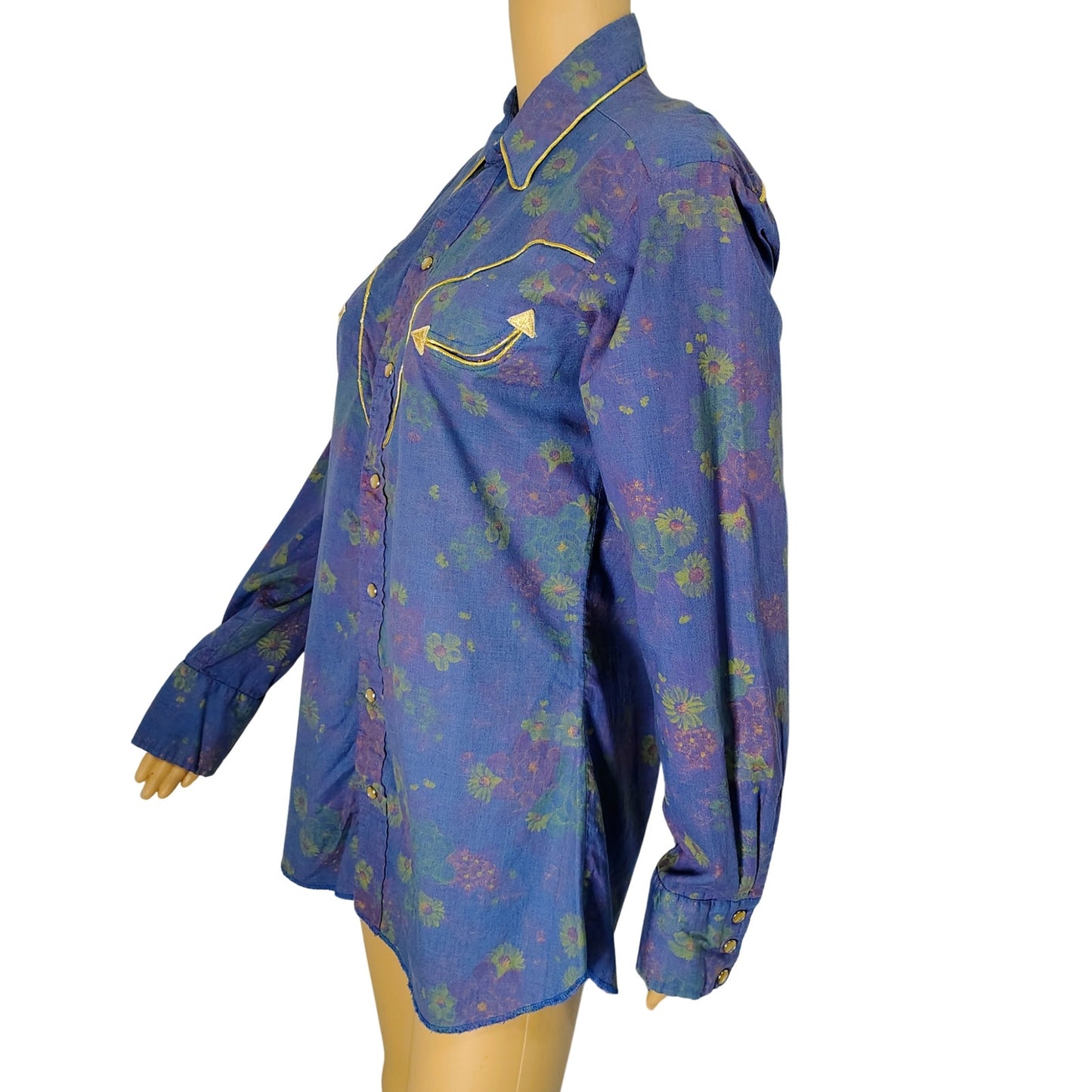 1980s Purple Floral Metallic Gold Western Pearl Snap Button Shirt H Bar C Size 15.5 [Vintage]