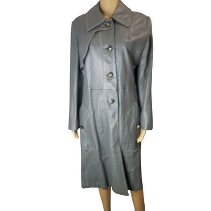 1970s Gray Belted Long Leather Trench Coat Collar Big Pockets Size Med Vintage
