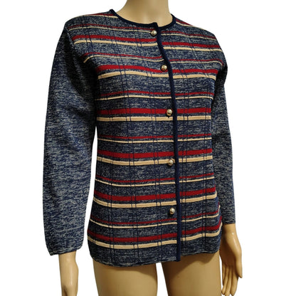 1960s Striped Blue Wool Button Up Cardigan Crewneck Long Sleeve Cardigan Size 12