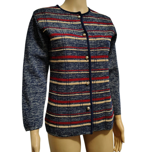 1960s Striped Blue Wool Button Up Cardigan Crewneck Long Sleeve Cardigan Size 12