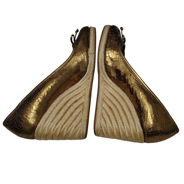 1980s Coach Bronze Crackle Leather Jute Wedge Hee Ireland Bow Espadrille Size 7 [Vintage]