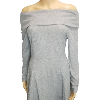 Gray Off The Shoulder Fit & Flare Long Sleeve Ribbed Knee High Dress Size Medium