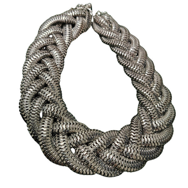 1990s Chunky Silver Braided Statement Choker Necklace Adjustable Size 18" - 20.5" [vintage]