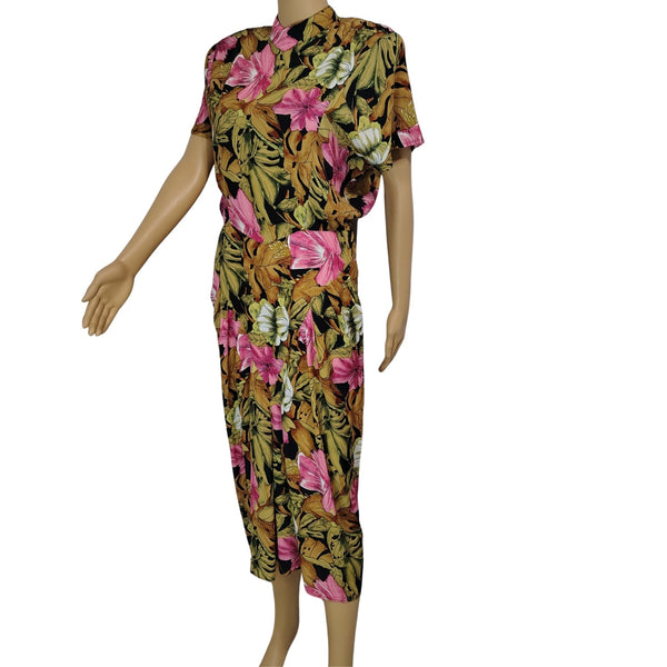 1980s April Rain Tropical Wiggle Dress Shoulder Pads Button Up Back Size Small [Vintage]