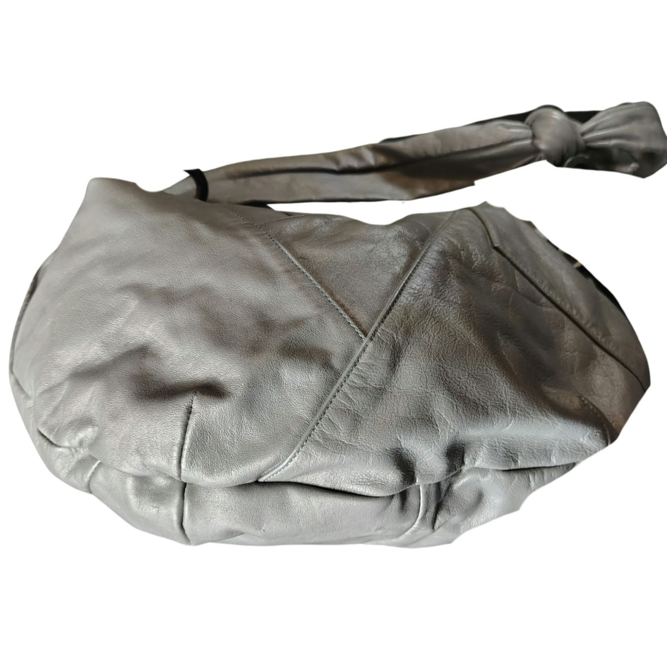 1980s Gray Leather Bohemian Boho Style Patchwork Crescent Bag Adjustable Strap [VINTAGE]