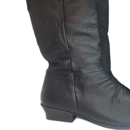 90s Vintage Black Leather Calf High Basic Editions Boots Almond Shape Toe Size 7