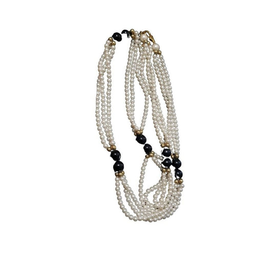 VINTAGE THREE STRAND DESIGN PEARL NECKLACE Long Black Bead Accents Gold Tone 29"