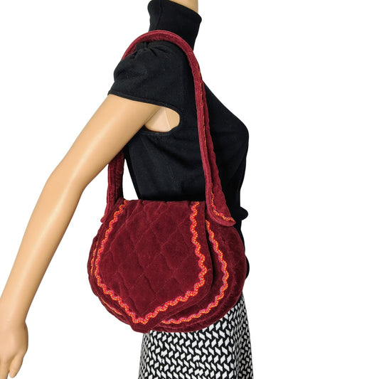 1970s Vintage Embroidered Wine Velvet Shoulder  Handbag by Carpetbags of America