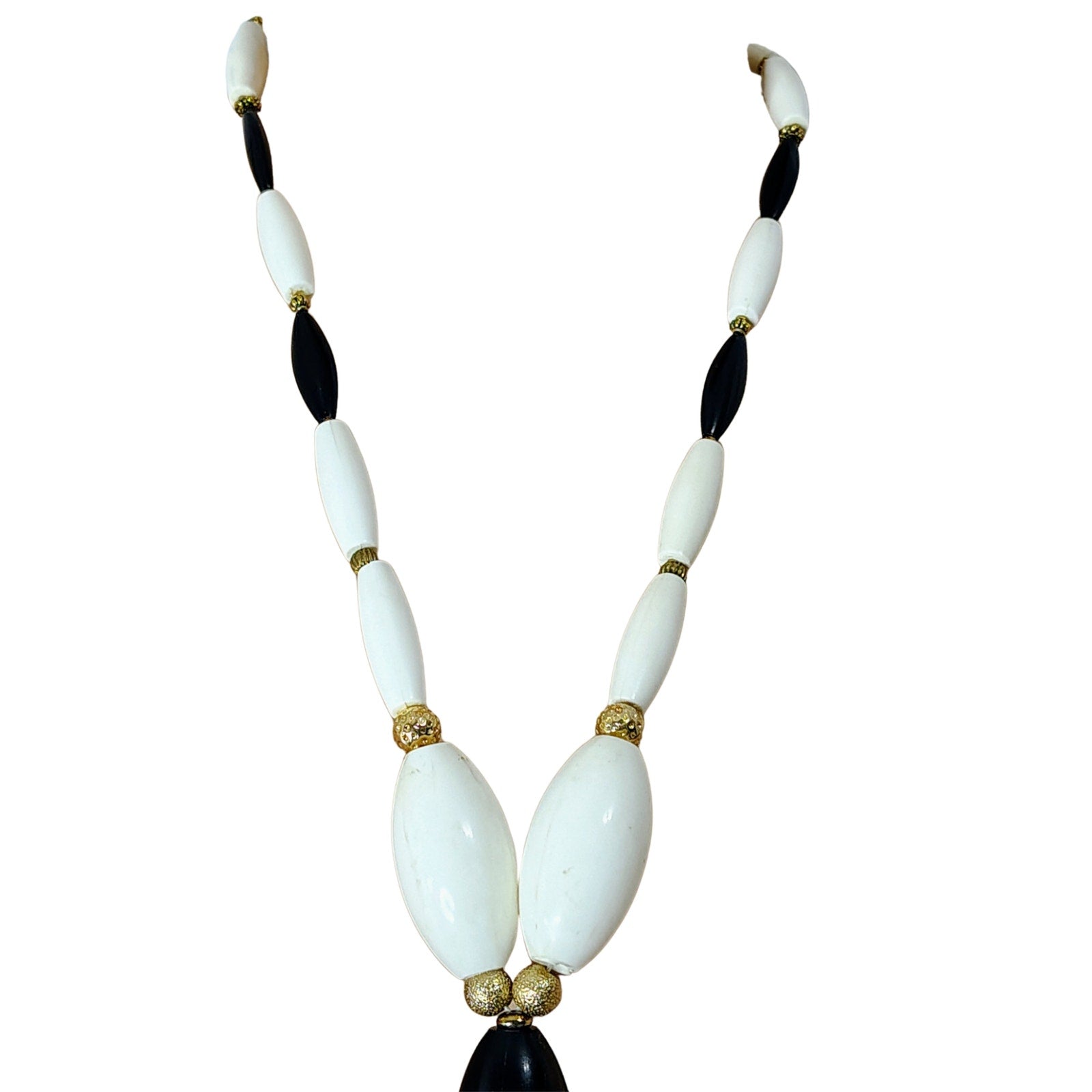 60s Lariat Tie Necklace Black White Oblong Beads Gold Tone Spacers Chain [Vintage]