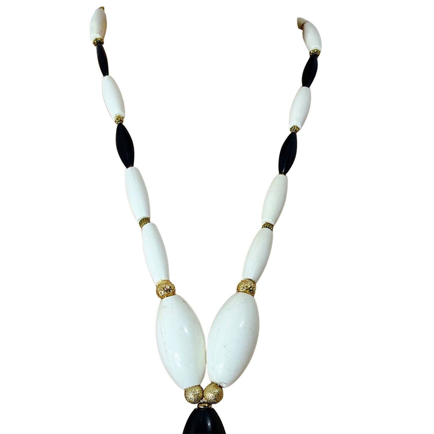 60s Lariat Tie Necklace Black White Oblong Beads Gold Tone Spacers Chain [Vintage]