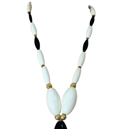 60s Lariat Tie Necklace Black White Oblong Beads Gold Tone Spacers Chain [Vintage]