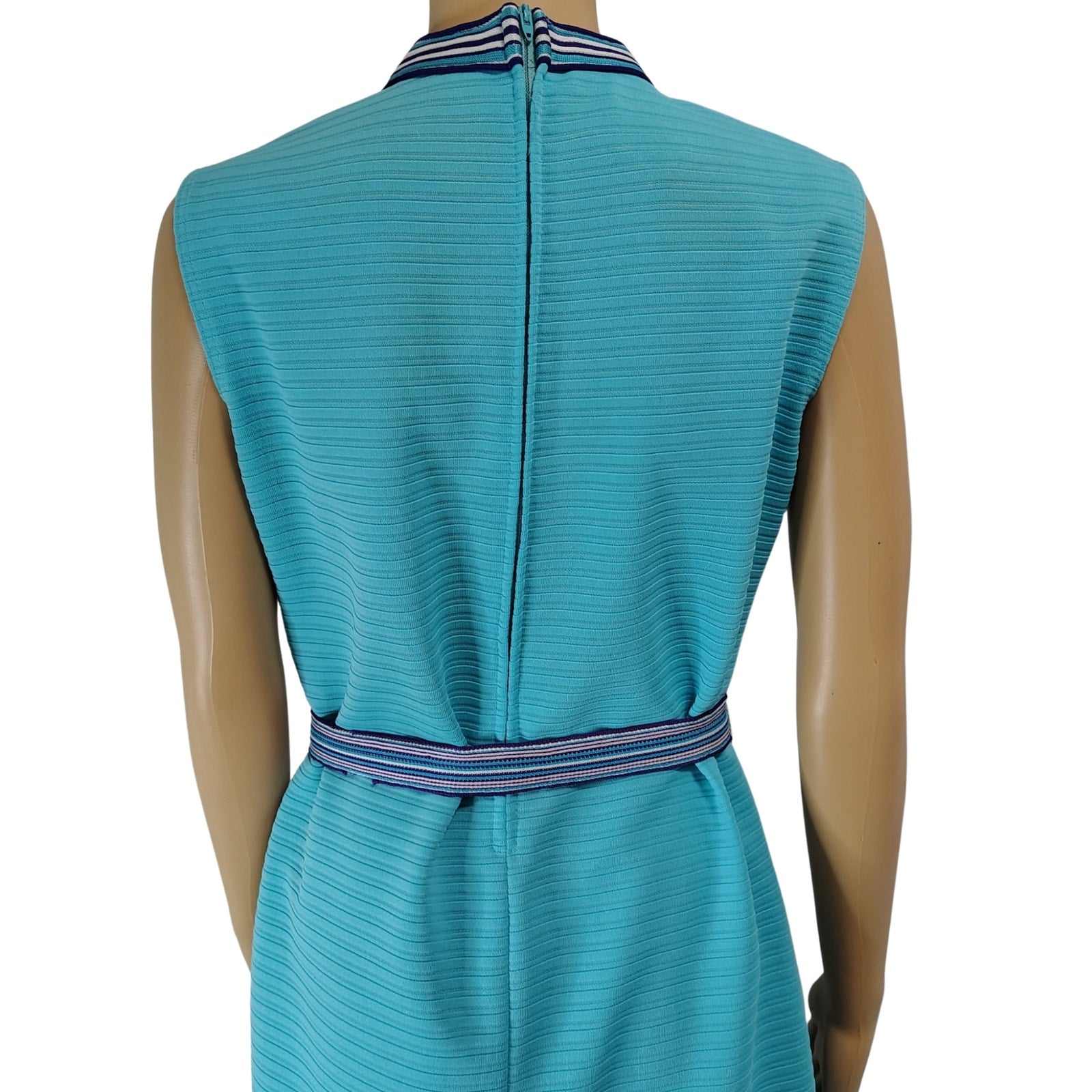 1970s Supreme Turquoise Blue Striped Texture Sleeveless High Neck Dress Size Medium [Vintage]