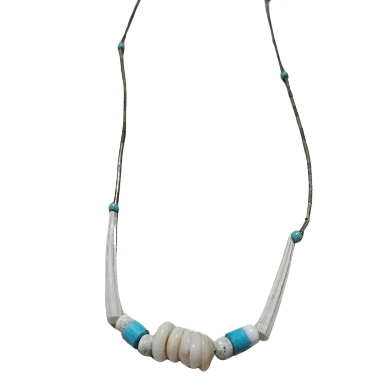70s Sterling Silver Liquid Beads Turquoise Round Beads Shell Beads Boho Necklace