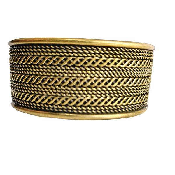 70s Brass Wide Cuff Bracelet Rope Design Thick Banded End Protectors 3D Texture [Vintage]