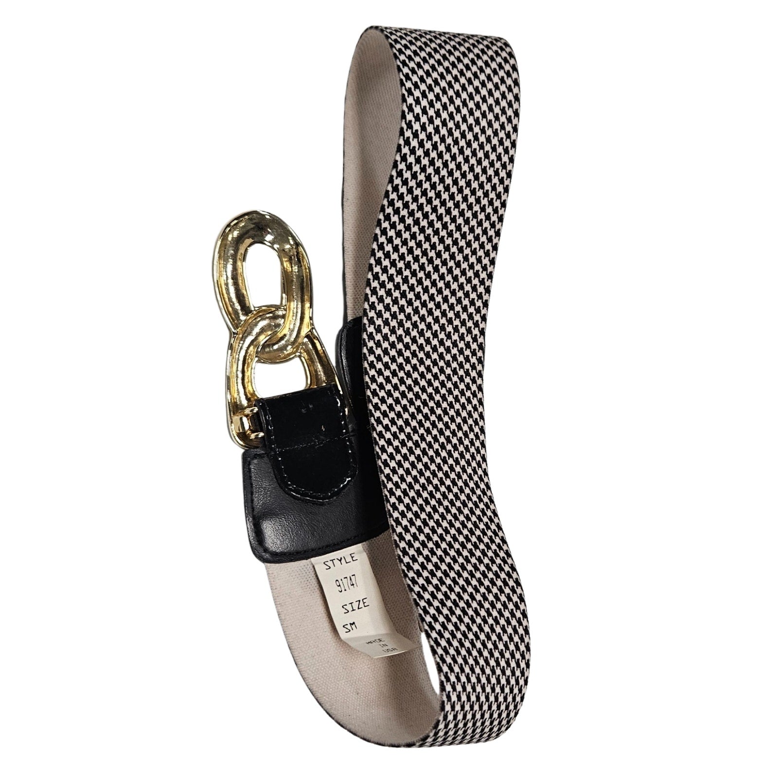 1980s Houndstooth Elastic High Waisted Belt Gold Chunky Buckle Patent Leather Small [Vintage]