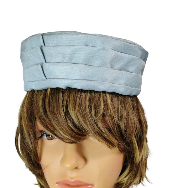 1960s Light Blue Pill Box Hat Hand Crafted Pleated Hat Band Design Size 6 [Vintage]