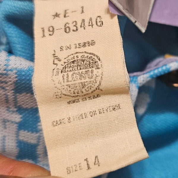 1960s Blue Print Fold Down Collar Short Sleeve Retro A Line Dress Size 14 [Vintage]