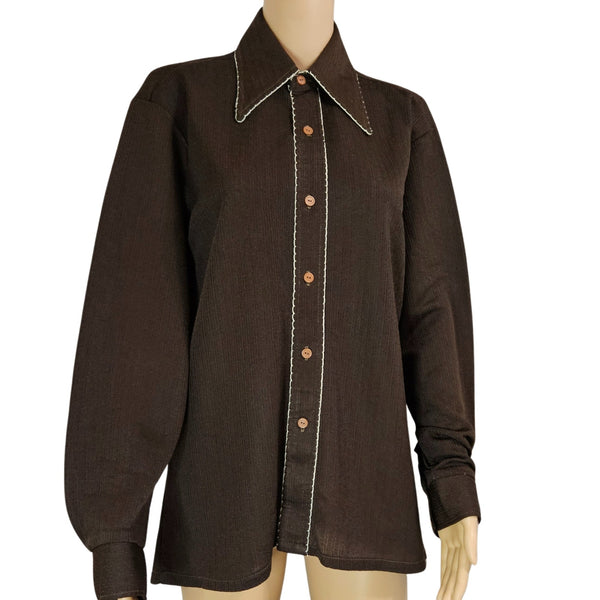 1970s Dress Shirt Brown White Embroidered Wingtip Disco Collar Long Sleeve Size 15 [Vintage]