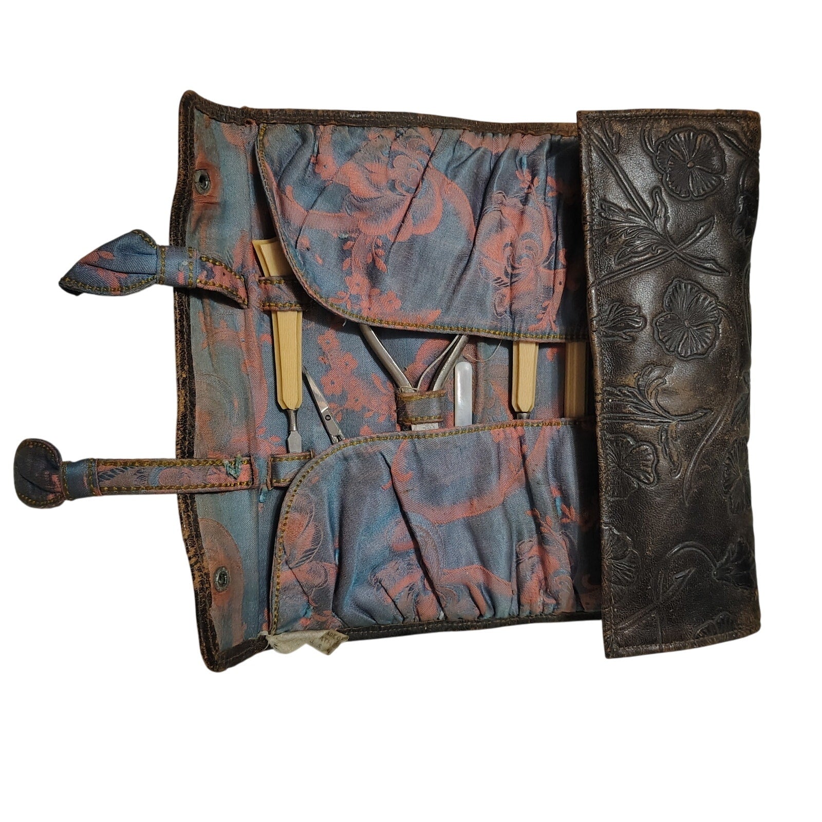1900-1920 Tooled Leather Floral Celluloid 11 Pc Manicure Set Travel Case [Antique]