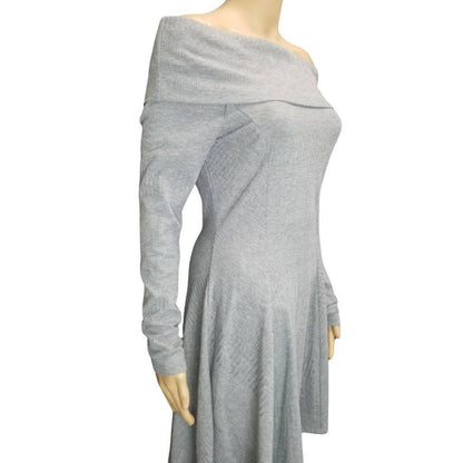 Gray Off The Shoulder Fit & Flare Long Sleeve Ribbed Knee High Dress Size Medium